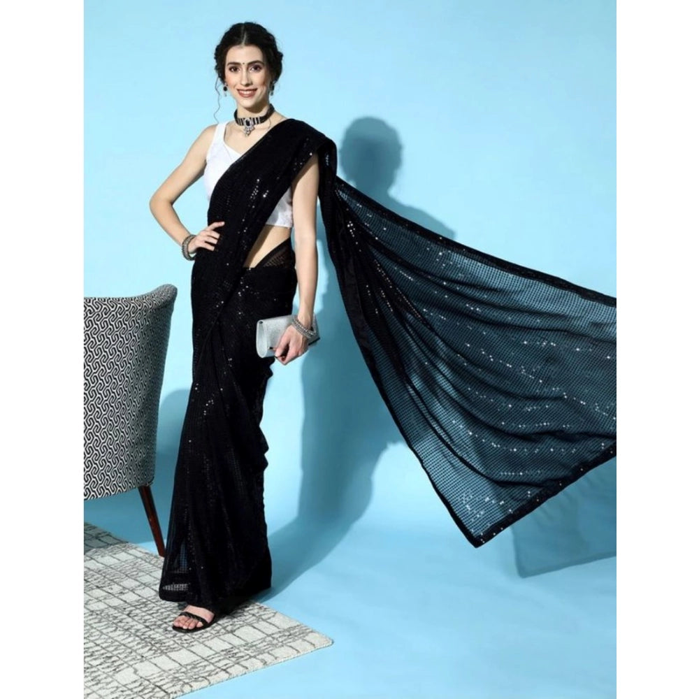 Snuggle Spot Women's Georgette Embellished Sequnece Bollywood Saree With Unstitched Blouse 5.5Mtr (Black)