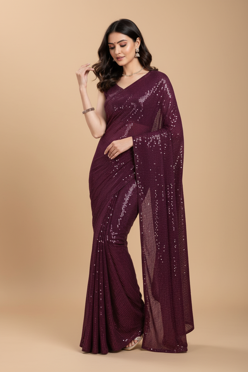 Snuggle Spot Women's Georgette Embellished Sequnece Bollywood Saree With Unstitched Blouse 5.5Mtr (Purple)