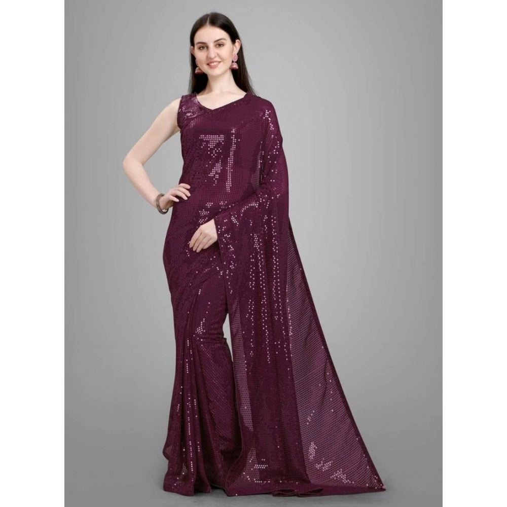 Snuggle Spot Women's Georgette Embellished Sequnece Bollywood Saree With Unstitched Blouse 5.5Mtr (Purple)