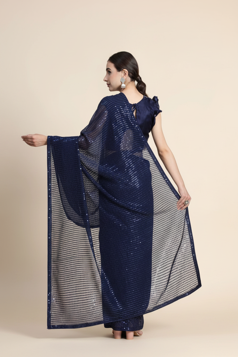 Snuggle Spot Women's Georgette Embellished Sequnece Bollywood Saree With Unstitched Blouse 5.5Mtr (Blue)