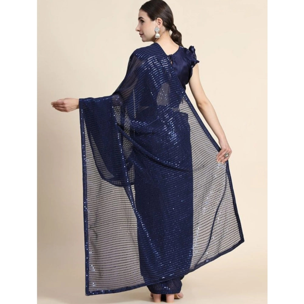 Snuggle Spot Women's Georgette Embellished Sequnece Bollywood Saree With Unstitched Blouse 5.5Mtr (Blue)