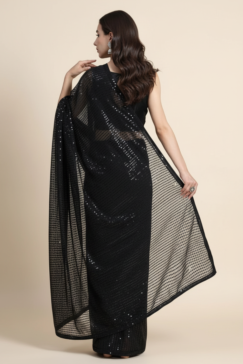 Snuggle Spot Women's Georgette Embellished Sequnece Bollywood Saree With Unstitched Blouse 5.5Mtr (Black)