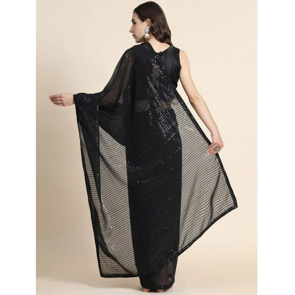 Snuggle Spot Women's Georgette Embellished Sequnece Bollywood Saree With Unstitched Blouse 5.5Mtr (Black)
