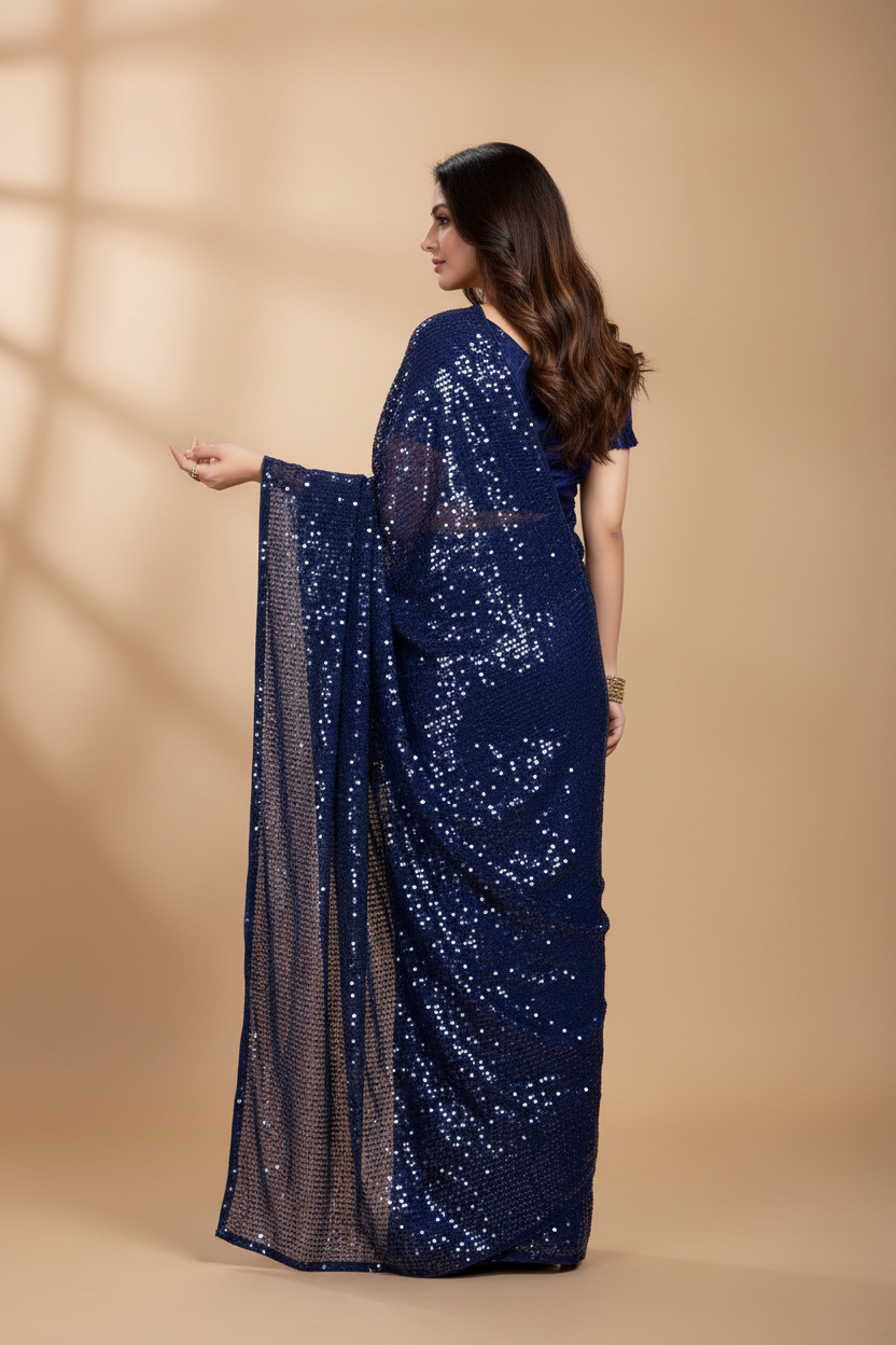 Snuggle Spot Women's Georgette Embellished Sequnece Bollywood Saree With Unstitched Blouse 5.5Mtr (Blue)