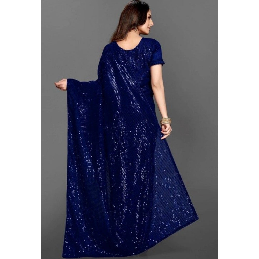 Snuggle Spot Women's Georgette Embellished Sequnece Bollywood Saree With Unstitched Blouse 5.5Mtr (Blue)