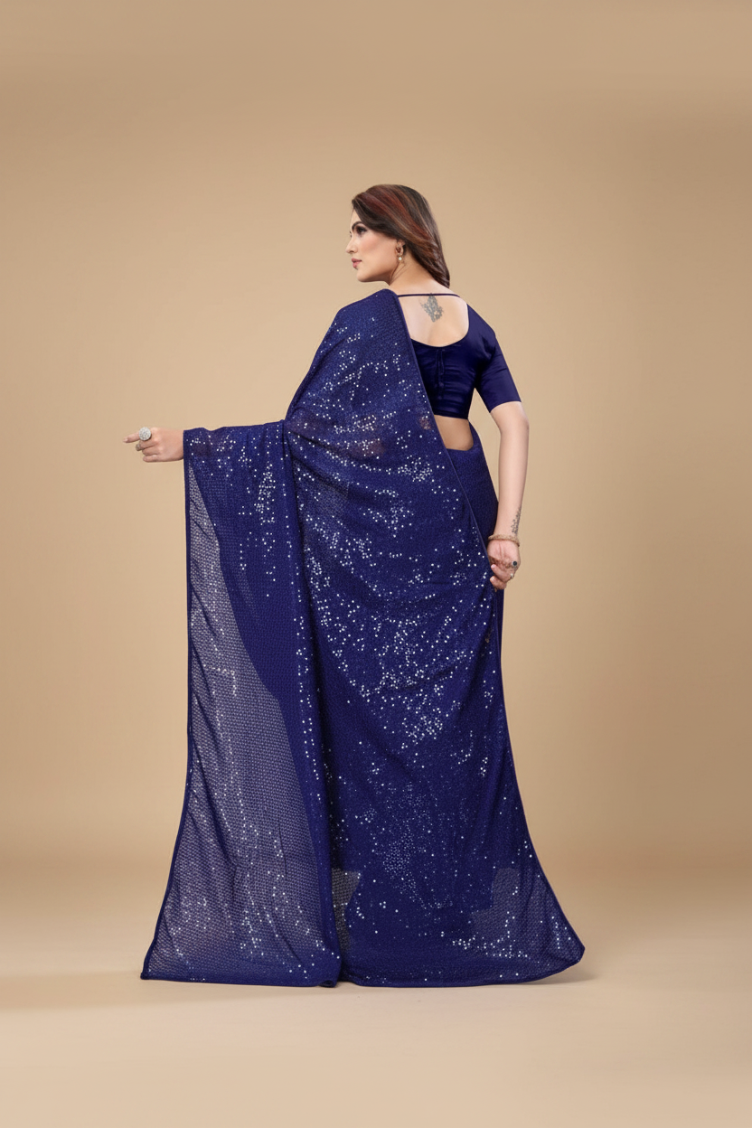 Snuggle Spot Women's Georgette Embellished Sequnece Bollywood Saree With Unstitched Blouse 5.5Mtr (Blue)