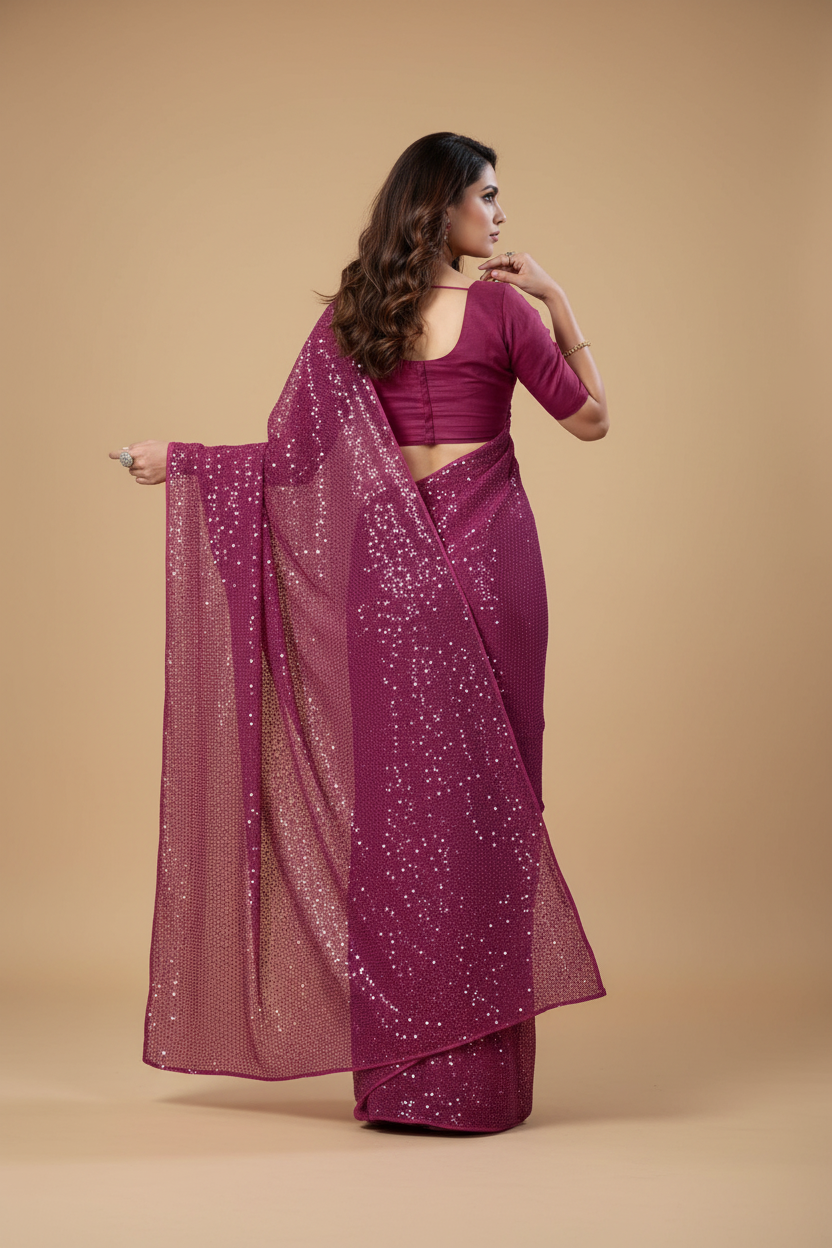 Snuggle Spot Women's Georgette Embellished Sequnece Bollywood Saree With Unstitched Blouse 5.5Mtr (Purple)