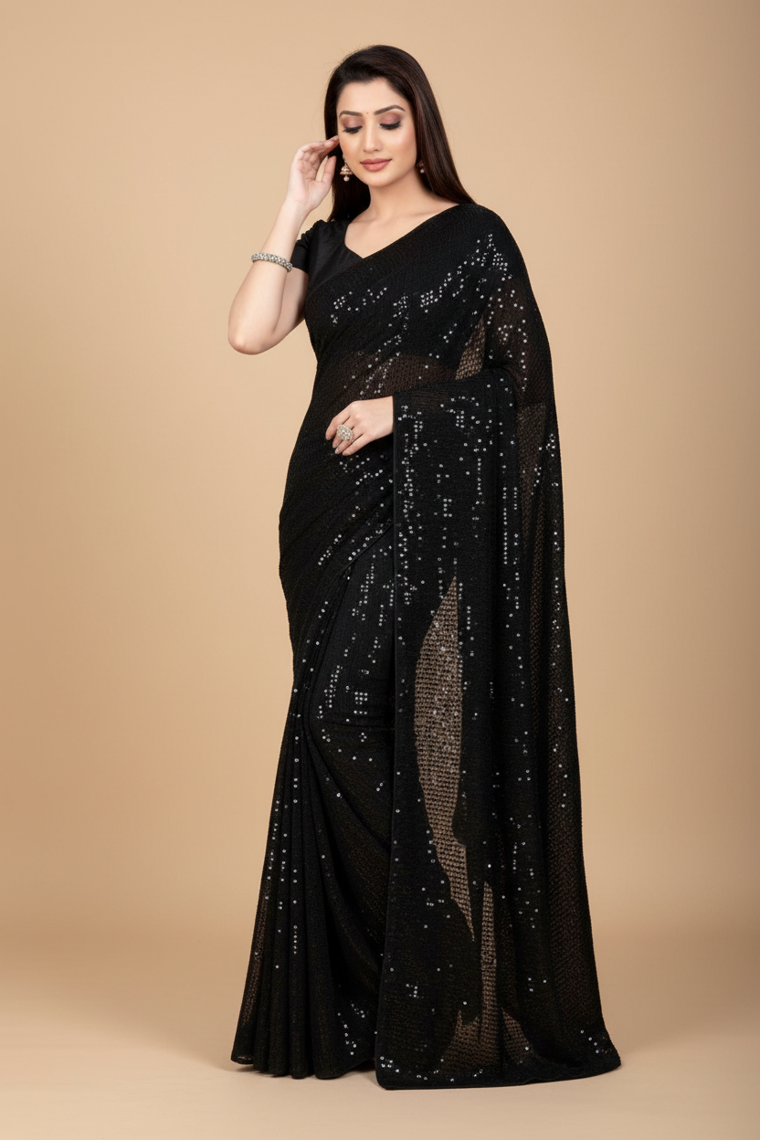 Snuggle Spot Women's Georgette Embellished Sequnece Bollywood Saree With Unstitched Blouse 5.5Mtr (Black)