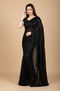 Snuggle Spot Women's Georgette Embellished Sequnece Bollywood Saree With Unstitched Blouse 5.5Mtr (Black)