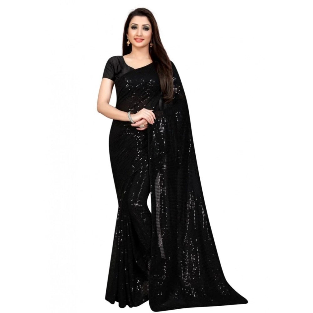 Snuggle Spot Women's Georgette Embellished Sequnece Bollywood Saree With Unstitched Blouse 5.5Mtr (Black)