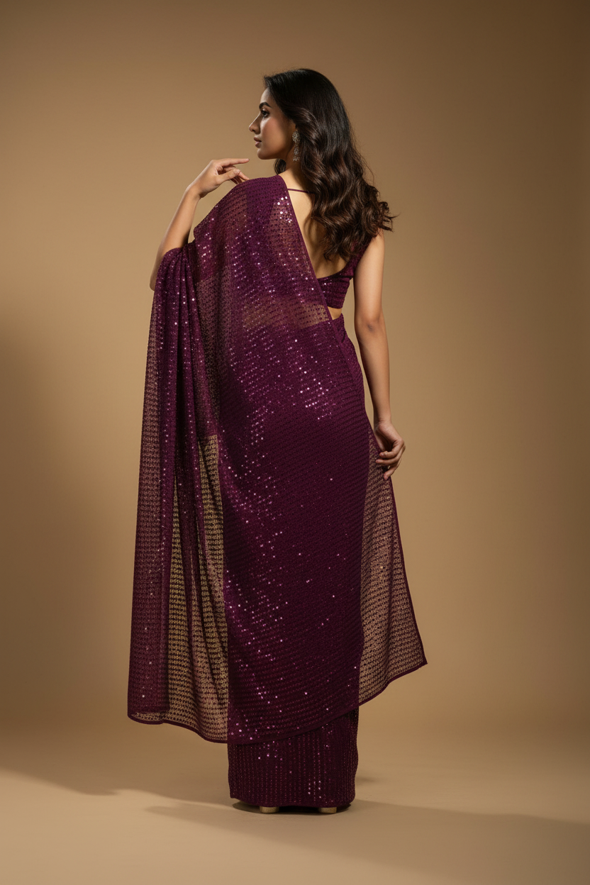 Snuggle Spot Women's Georgette Embellished Sequnece Bollywood Saree With Unstitched Blouse 5.5Mtr (Purple)