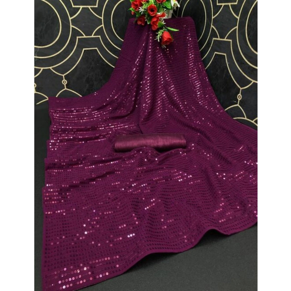 Snuggle Spot Women's Georgette Embellished Sequnece Bollywood Saree With Unstitched Blouse 5.5Mtr (Purple)