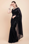 Snuggle Spot Women's Georgette Embellished Sequnece Bollywood Saree With Unstitched Blouse 5.5Mtr (Black)