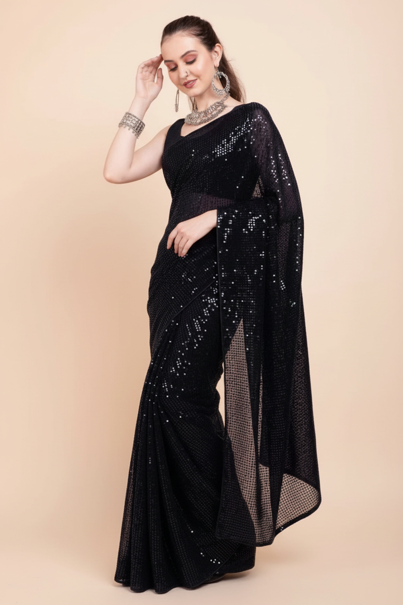 Snuggle Spot Women's Georgette Embellished Sequnece Bollywood Saree With Unstitched Blouse 5.5Mtr (Black)
