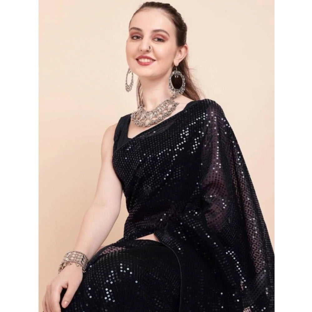 Snuggle Spot Women's Georgette Embellished Sequnece Bollywood Saree With Unstitched Blouse 5.5Mtr (Black)