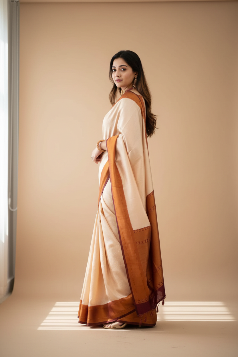 Snuggle Spot Women's Silk Printed Saree With Unstitched Blouse 5.5Mtr (Cream)