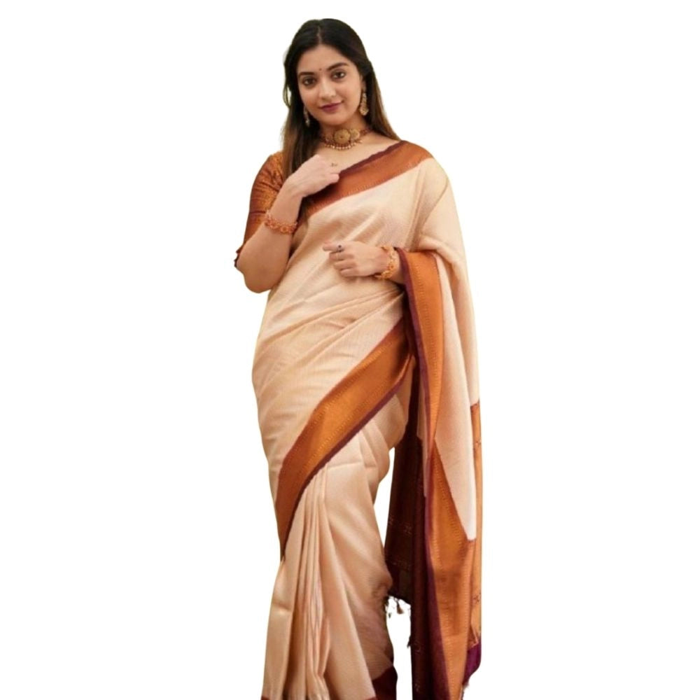 Snuggle Spot Women's Silk Printed Saree With Unstitched Blouse 5.5Mtr (Cream)