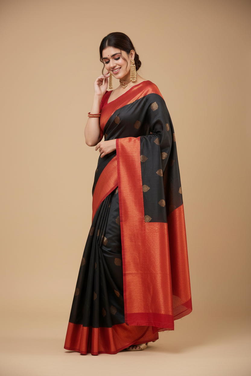 Snuggle Spot Women's Silk Printed Saree With Unstitched Blouse 5.5Mtr (Black)