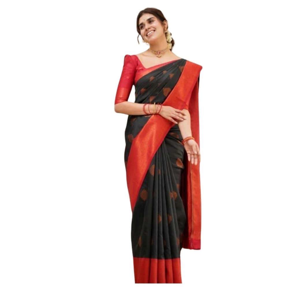 Snuggle Spot Women's Silk Printed Saree With Unstitched Blouse 5.5Mtr (Black)
