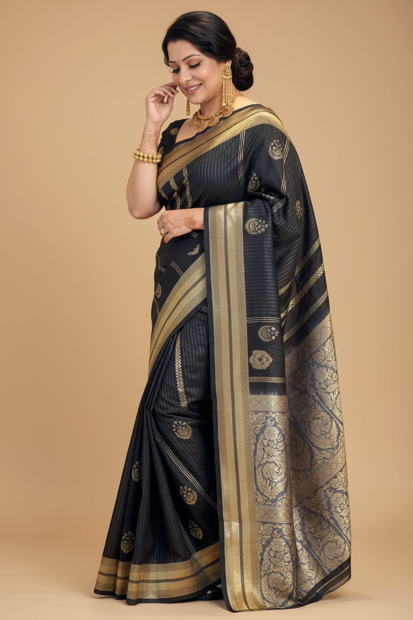 Snuggle Spot Women's Silk Printed Saree With Unstitched Blouse 5.5Mtr (Black)