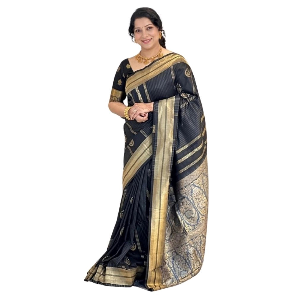 Snuggle Spot Women's Silk Printed Saree With Unstitched Blouse 5.5Mtr (Black)