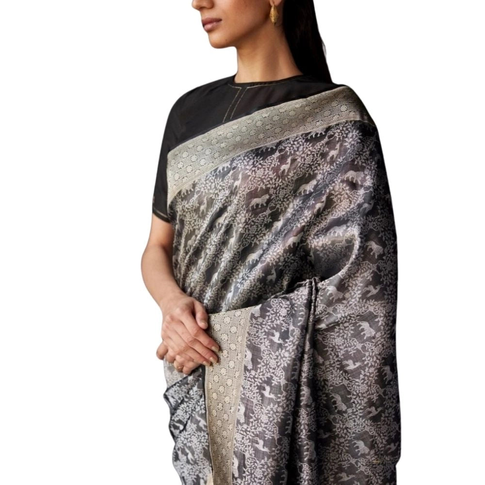 Snuggle Spot Women's Silk Printed Saree With Unstitched Blouse 5.5Mtr (Grey)