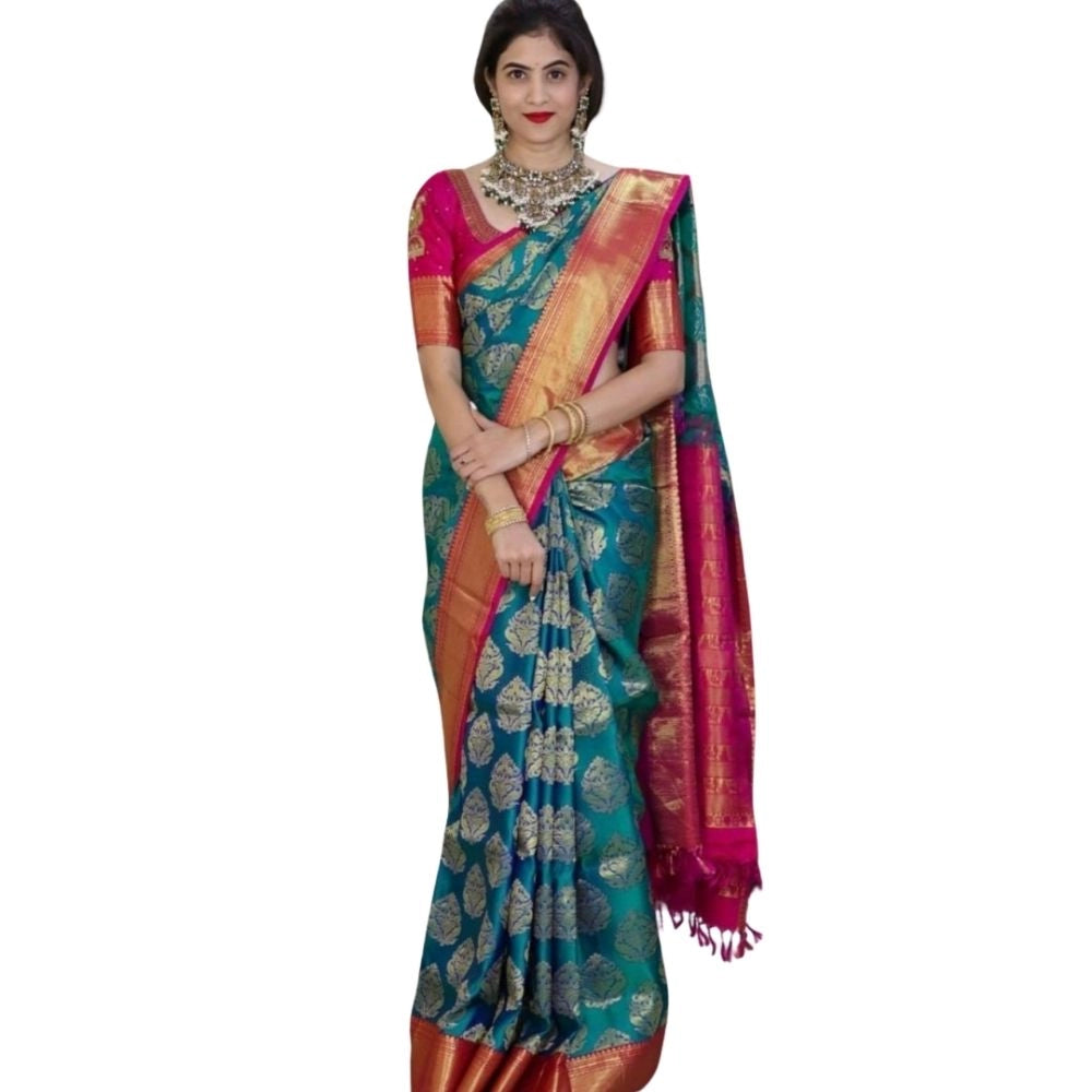 Snuggle Spot Women's Silk Printed Saree With Unstitched Blouse 5.5Mtr (Teal Blue)