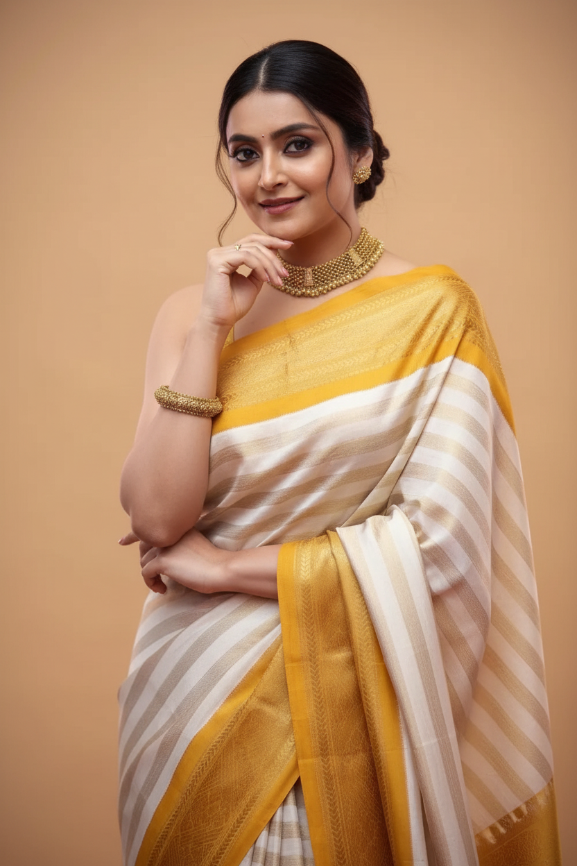 Snuggle Spot Women's Silk Printed Saree With Unstitched Blouse 5.5Mtr (Off White-Yellow)