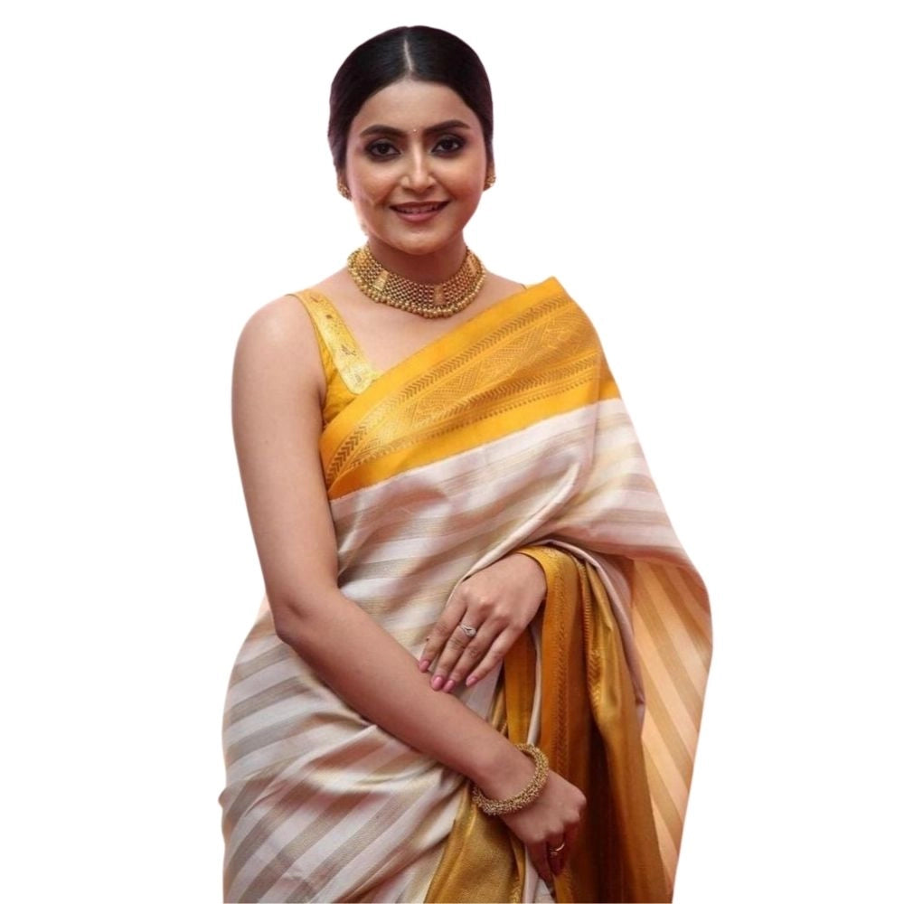Snuggle Spot Women's Silk Printed Saree With Unstitched Blouse 5.5Mtr (Off White-Yellow)
