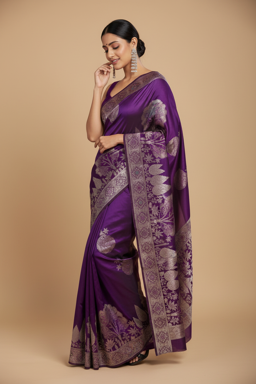 Snuggle Spot Women's Silk Printed Saree With Unstitched Blouse 5.5Mtr (Purple)
