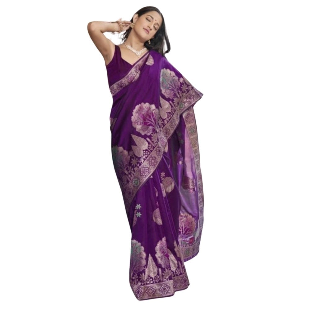 Snuggle Spot Women's Silk Printed Saree With Unstitched Blouse 5.5Mtr (Purple)