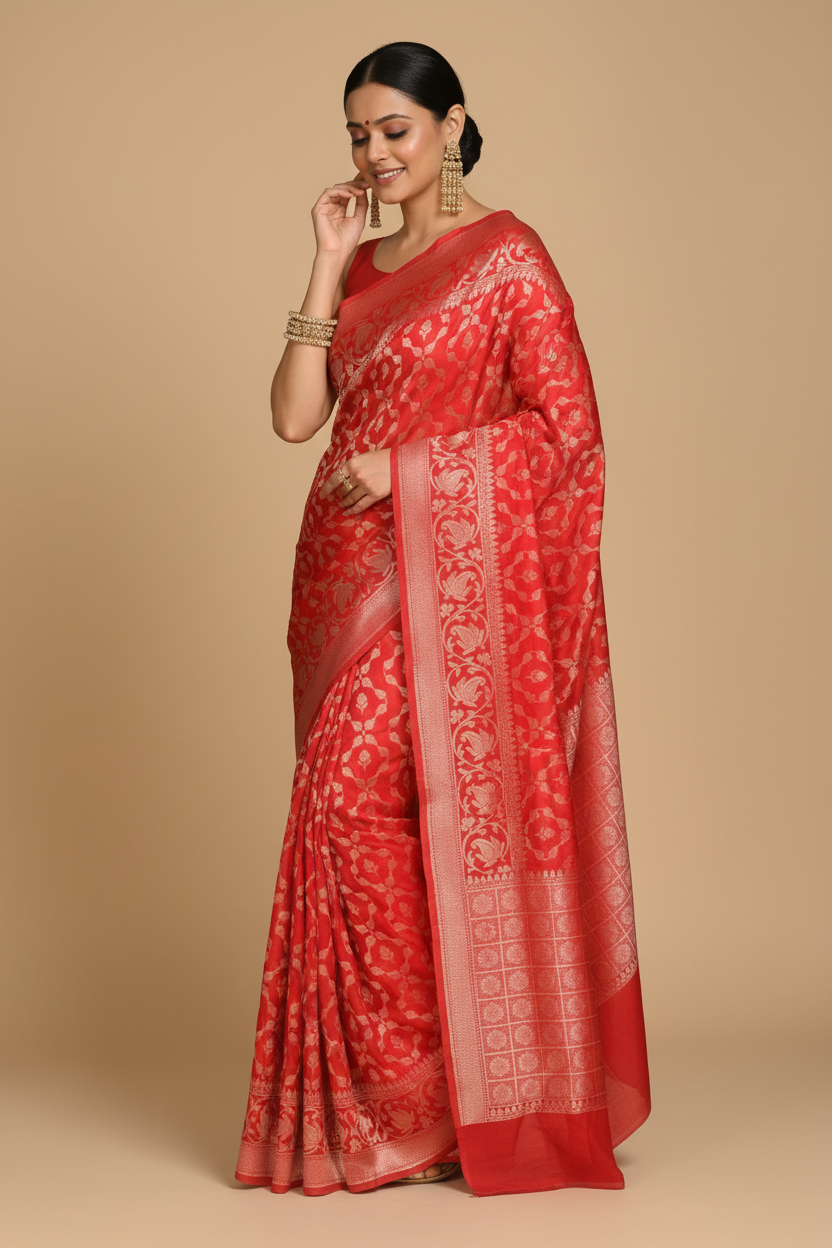 Snuggle Spot Women's Silk Printed Saree With Unstitched Blouse 5.5Mtr (Orange)