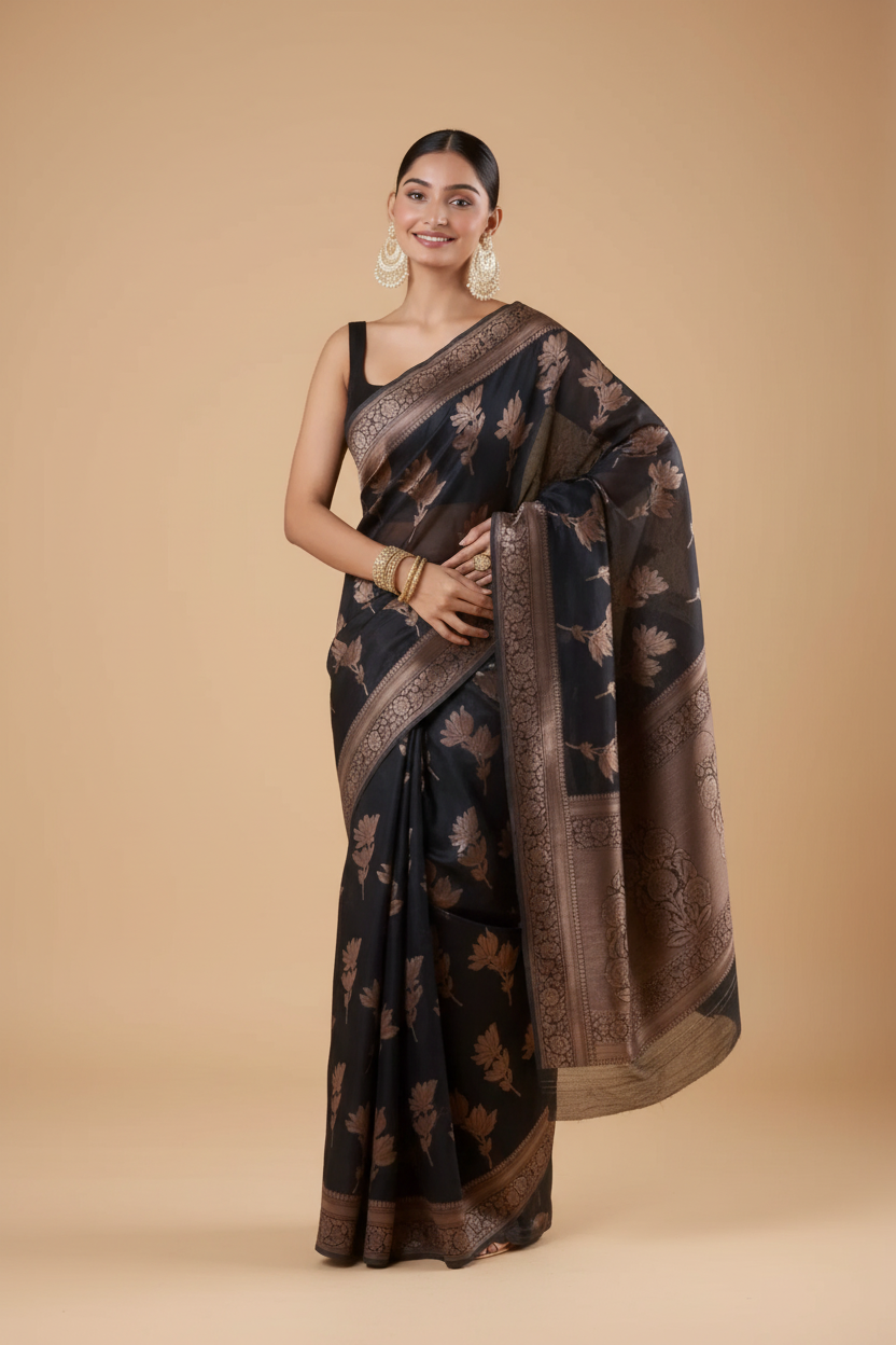 Snuggle Spot Women's Silk Printed Saree With Unstitched Blouse 5.5Mtr (Black)