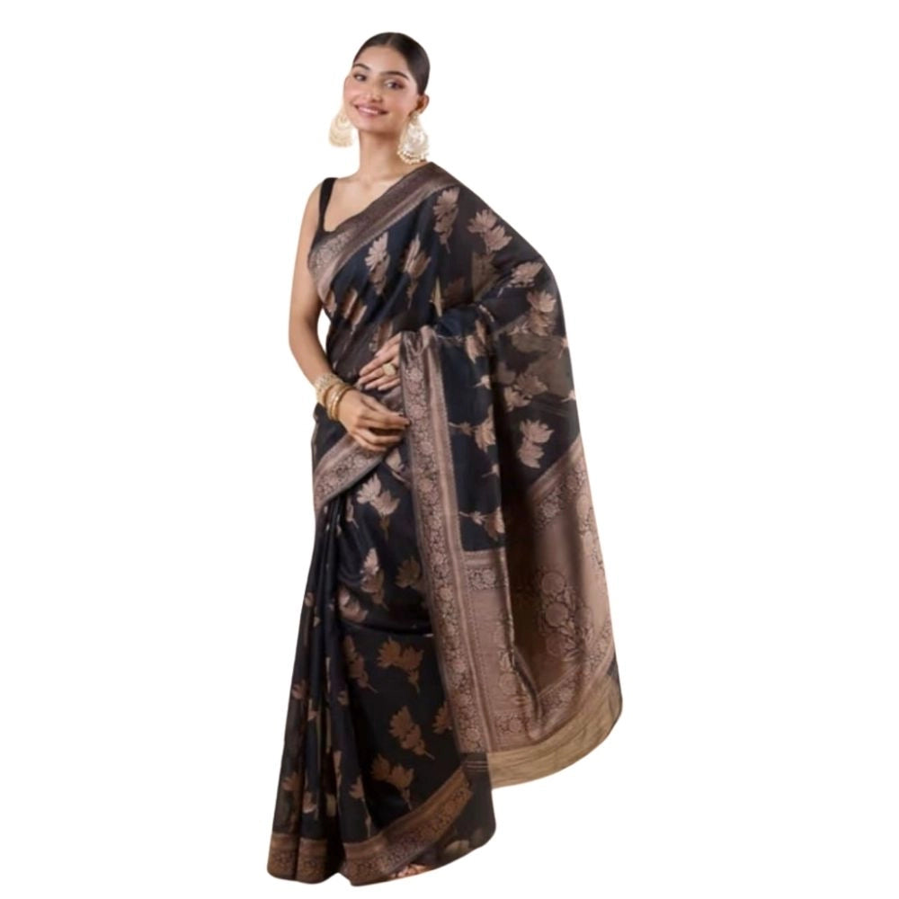 Snuggle Spot Women's Silk Printed Saree With Unstitched Blouse 5.5Mtr (Black)