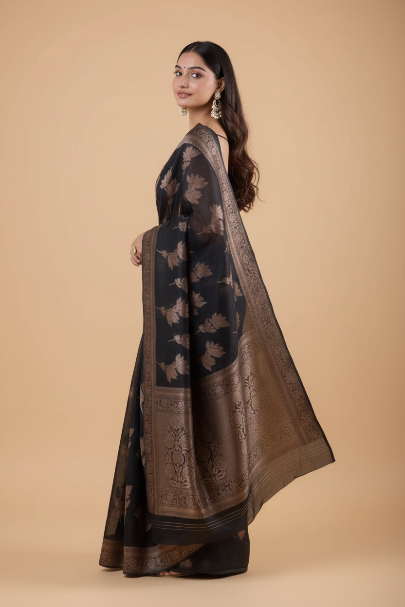 Snuggle Spot Women's Silk Printed Saree With Unstitched Blouse 5.5Mtr (Black)