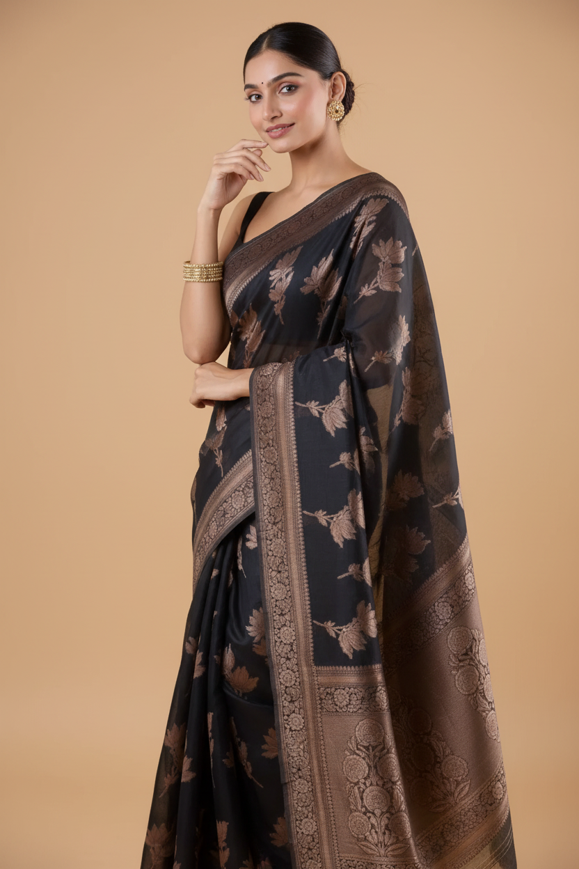 Snuggle Spot Women's Silk Printed Saree With Unstitched Blouse 5.5Mtr (Black)