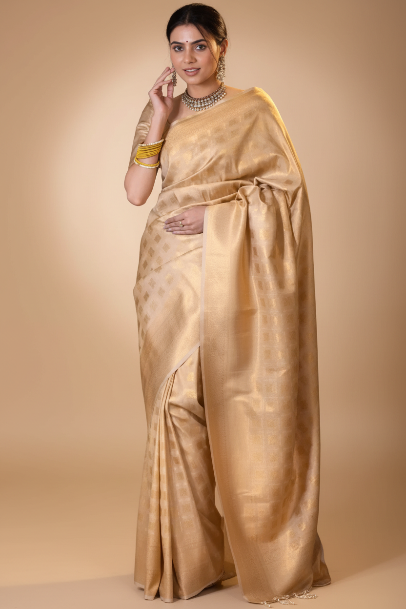 Snuggle Spot Women's Silk Printed Saree With Unstitched Blouse 5.5Mtr (Cream)