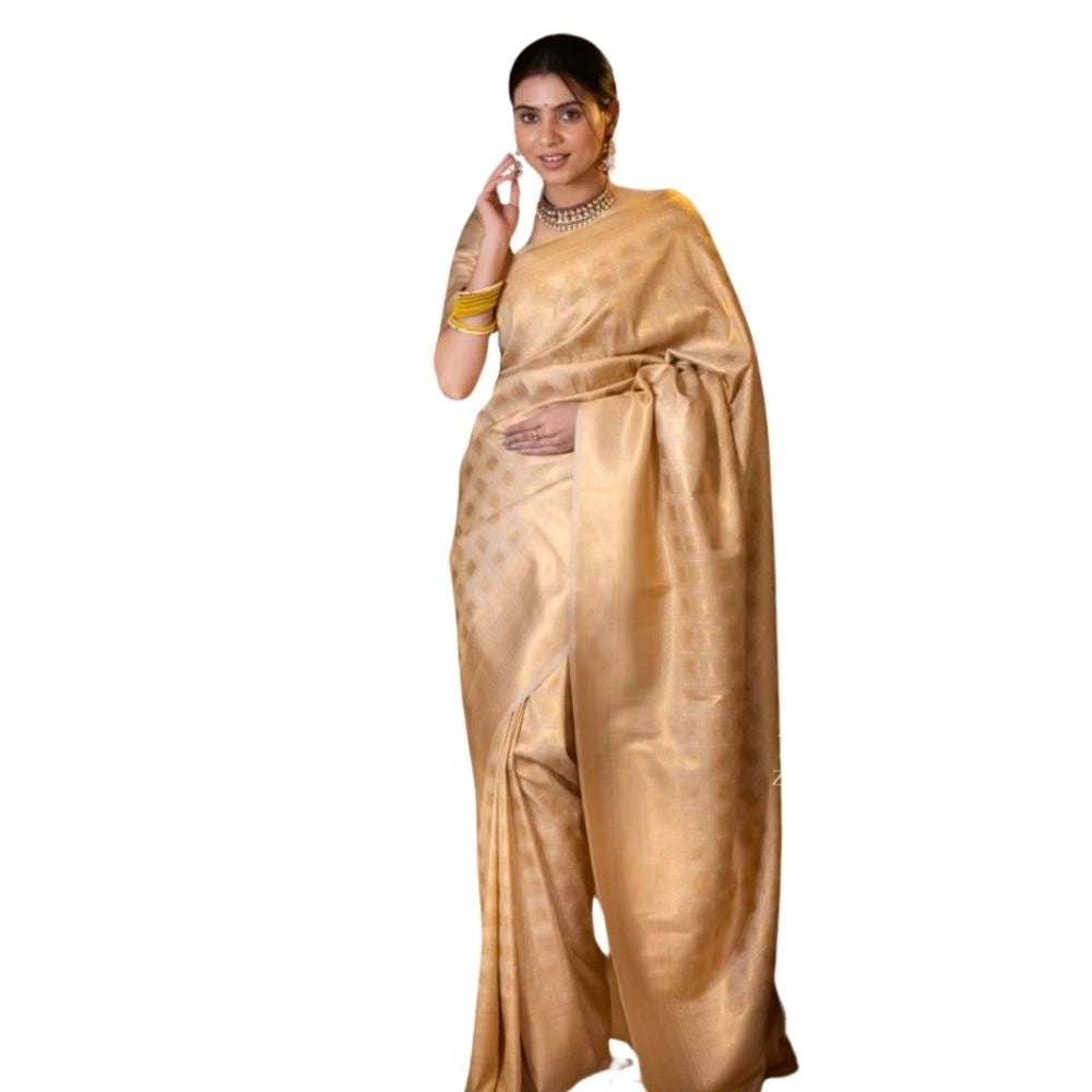 Snuggle Spot Women's Silk Printed Saree With Unstitched Blouse 5.5Mtr (Cream)