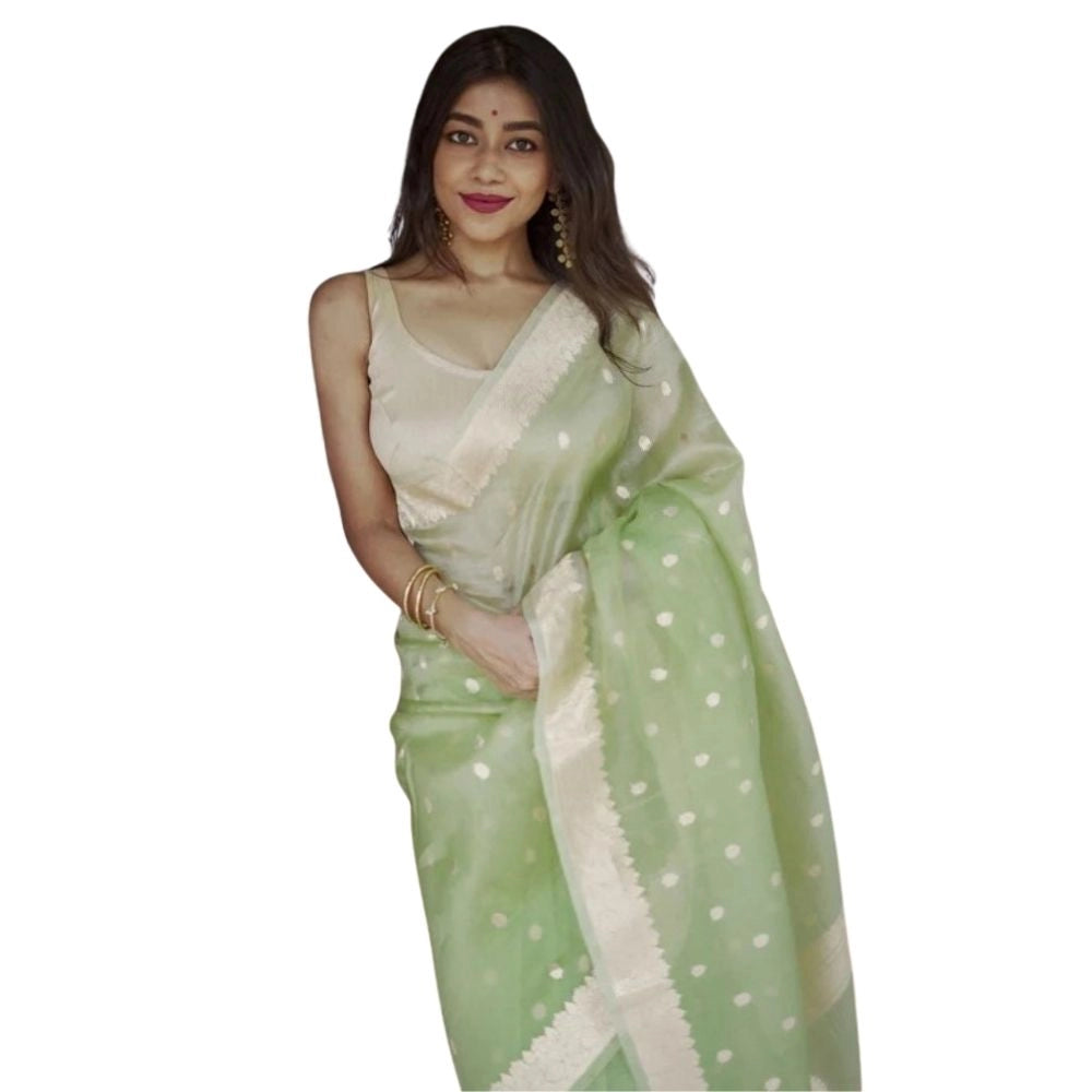 Snuggle Spot Women's Cotton  Printed Saree With Unstitched Blouse 5.5Mtr (Pista)