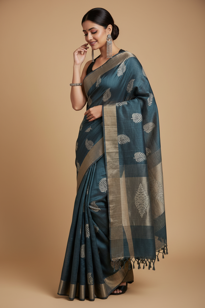 Snuggle Spot Women's Silk Printed Saree With Unstitched Blouse 5.5Mtr (Black)
