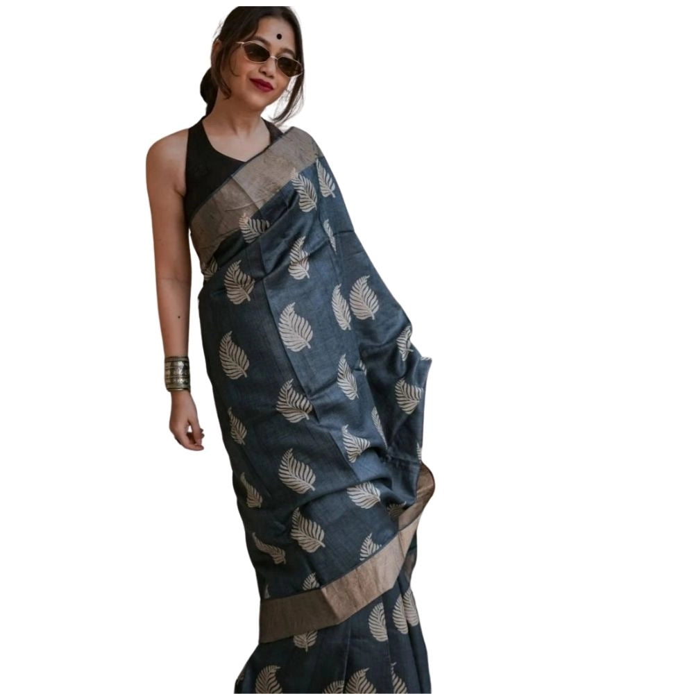 Snuggle Spot Women's Silk Printed Saree With Unstitched Blouse 5.5Mtr (Black)