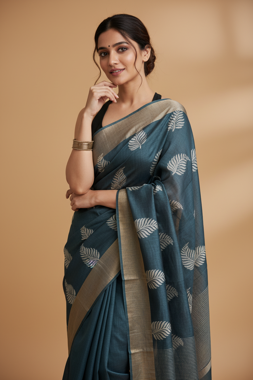Snuggle Spot Women's Silk Printed Saree With Unstitched Blouse 5.5Mtr (Black)