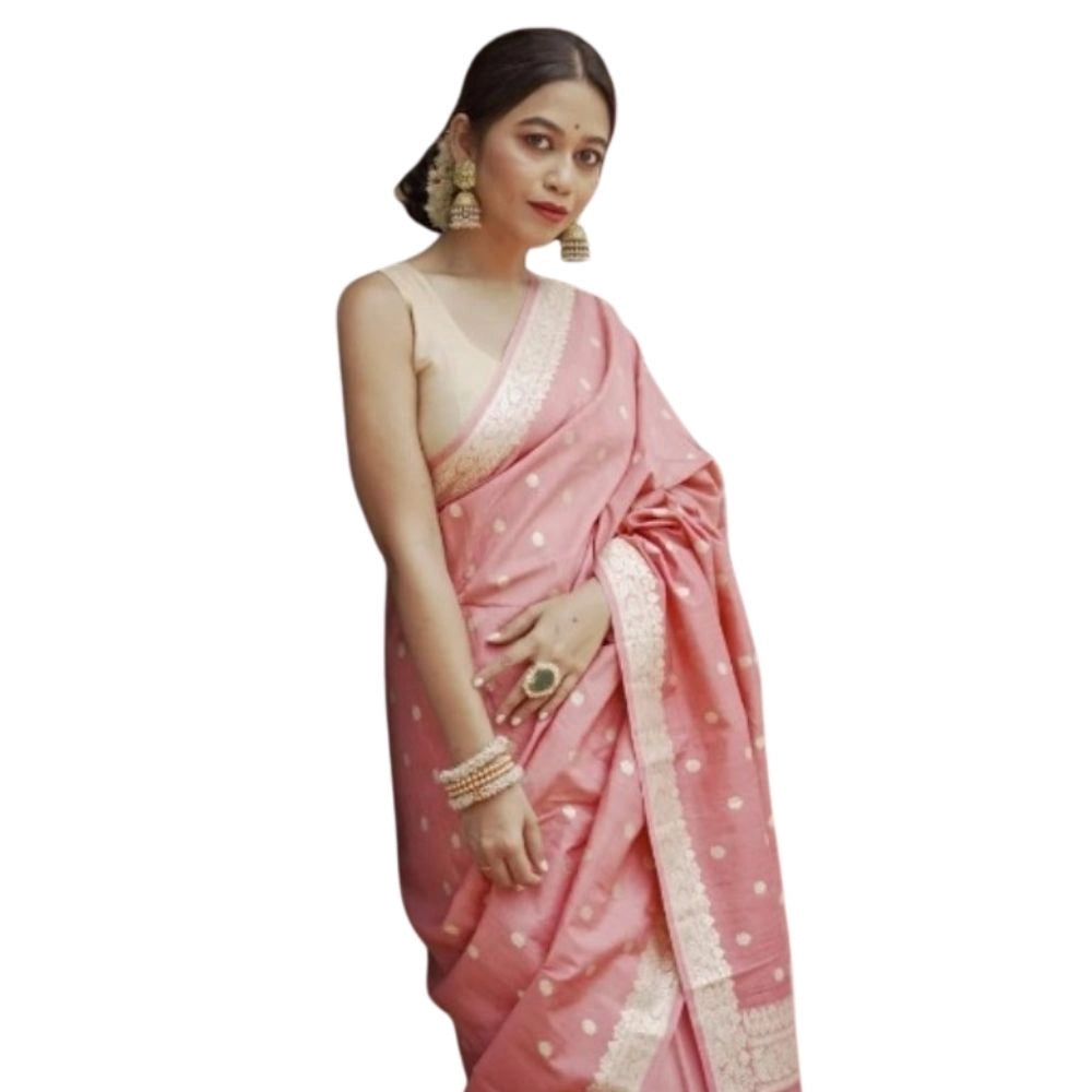 Snuggle Spot Women's Cotton  Printed Saree With Unstitched Blouse 5.5Mtr (Peach)