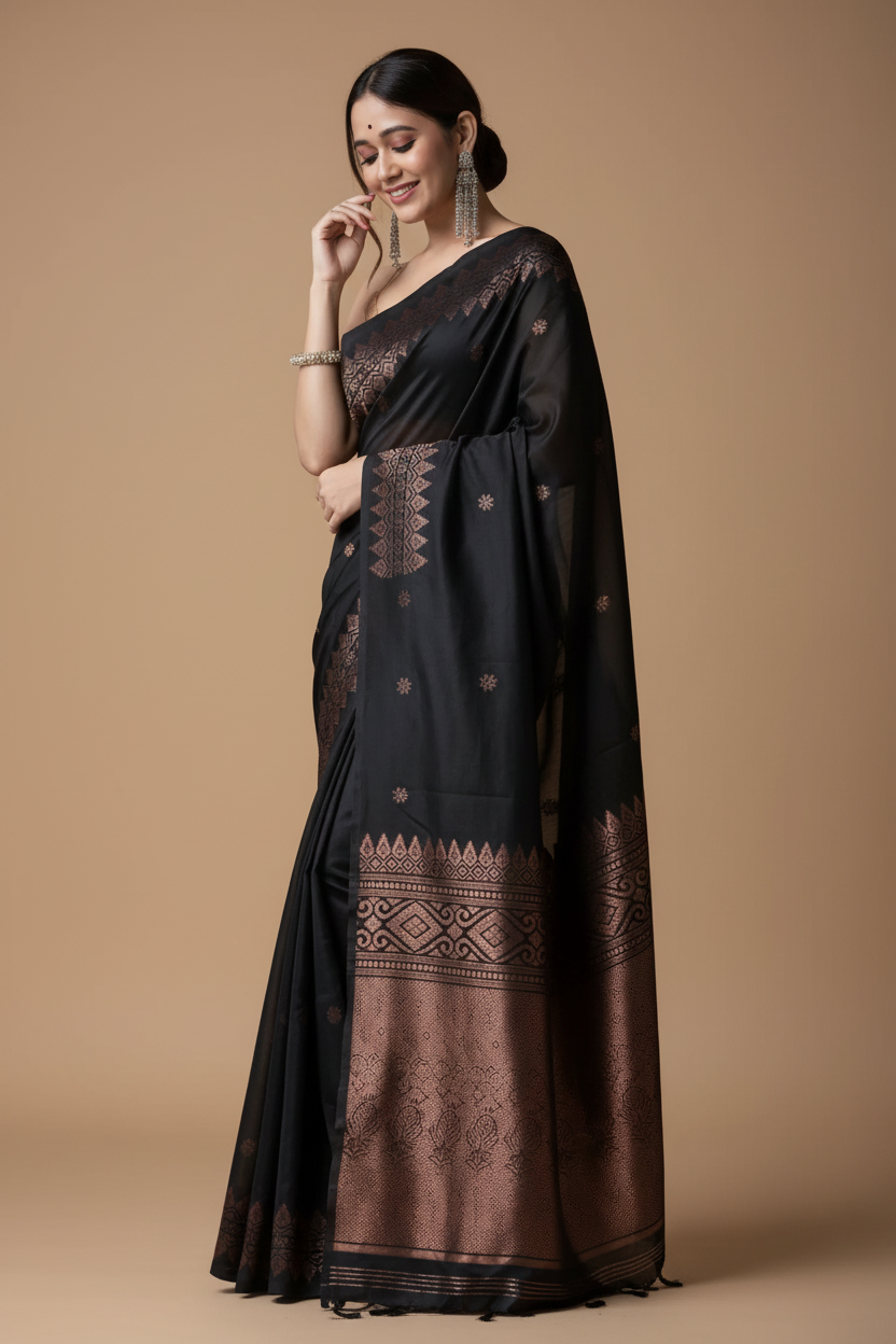 Snuggle Spot Women's Silk Printed Saree With Unstitched Blouse 5.5Mtr (Black)