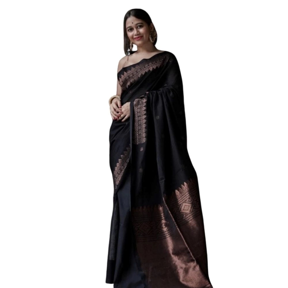 Snuggle Spot Women's Silk Printed Saree With Unstitched Blouse 5.5Mtr (Black)