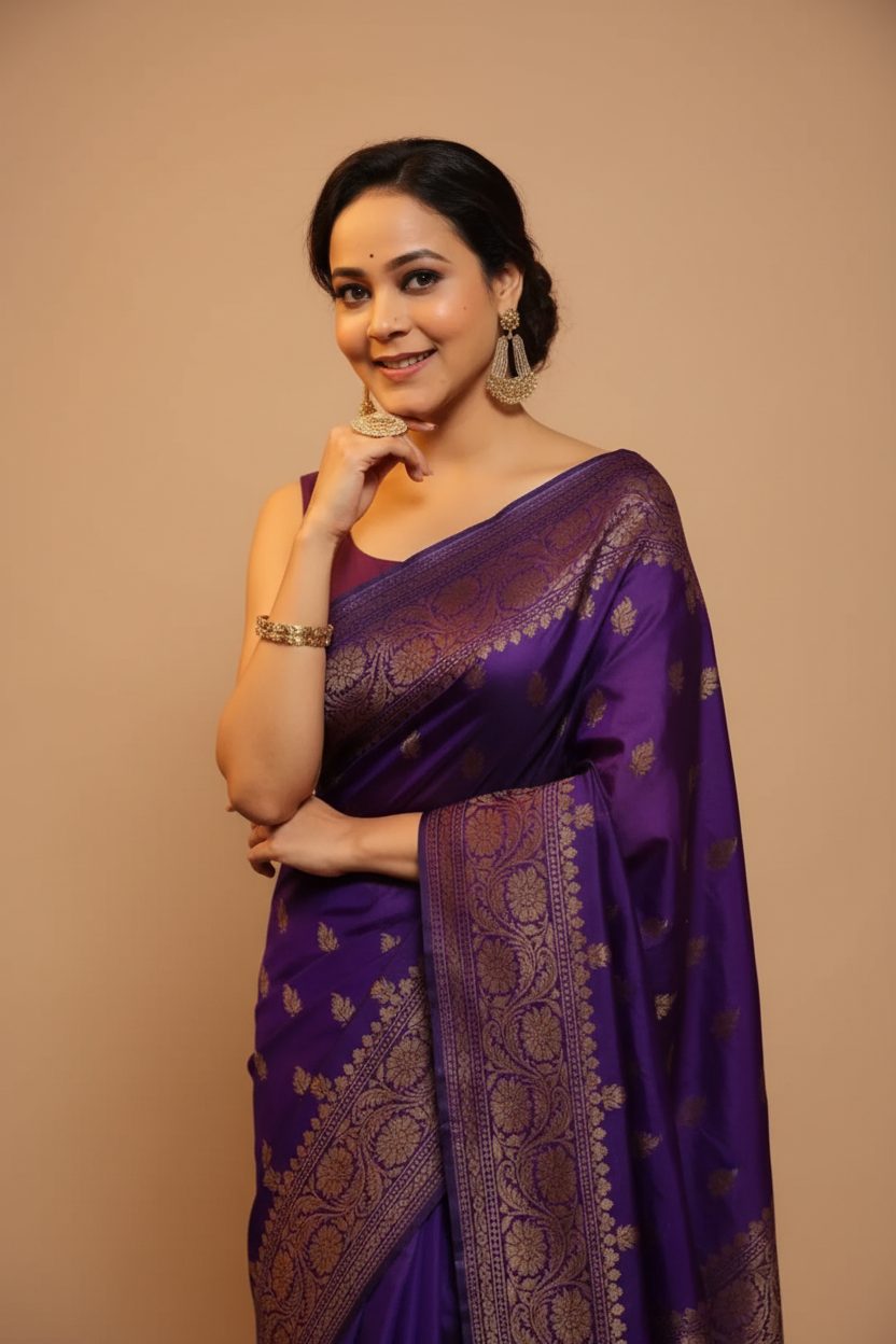 Snuggle Spot Women's Silk Printed Saree With Unstitched Blouse 5.5Mtr (Purple)