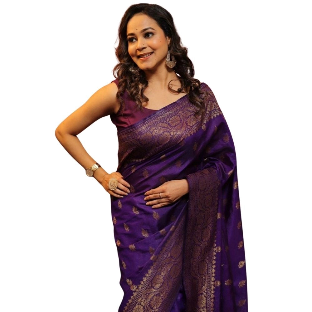 Snuggle Spot Women's Silk Printed Saree With Unstitched Blouse 5.5Mtr (Purple)