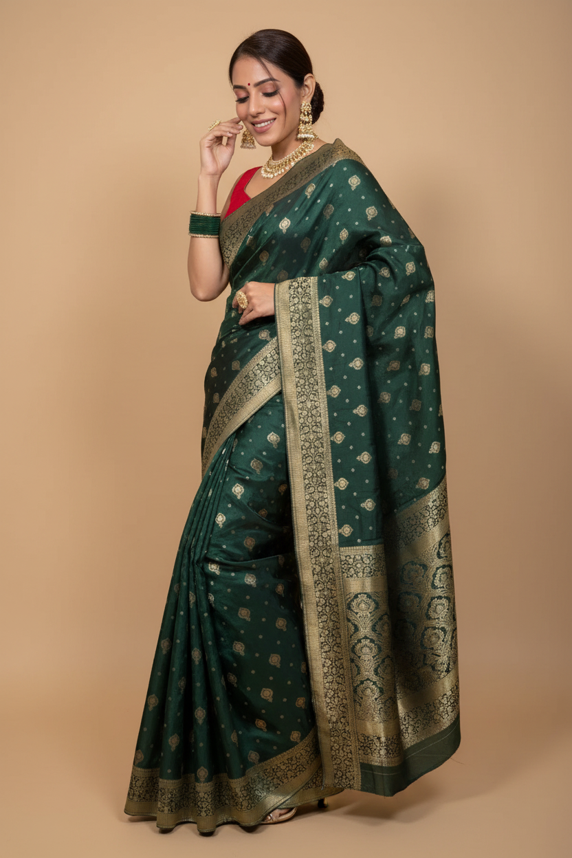 Snuggle Spot Women's Silk Printed Saree With Unstitched Blouse 5.5Mtr (Green)