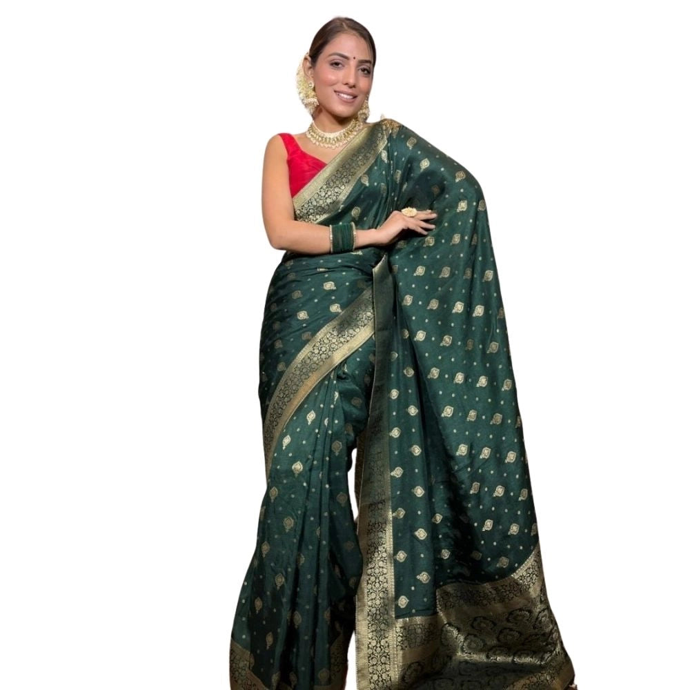 Snuggle Spot Women's Silk Printed Saree With Unstitched Blouse 5.5Mtr (Green)