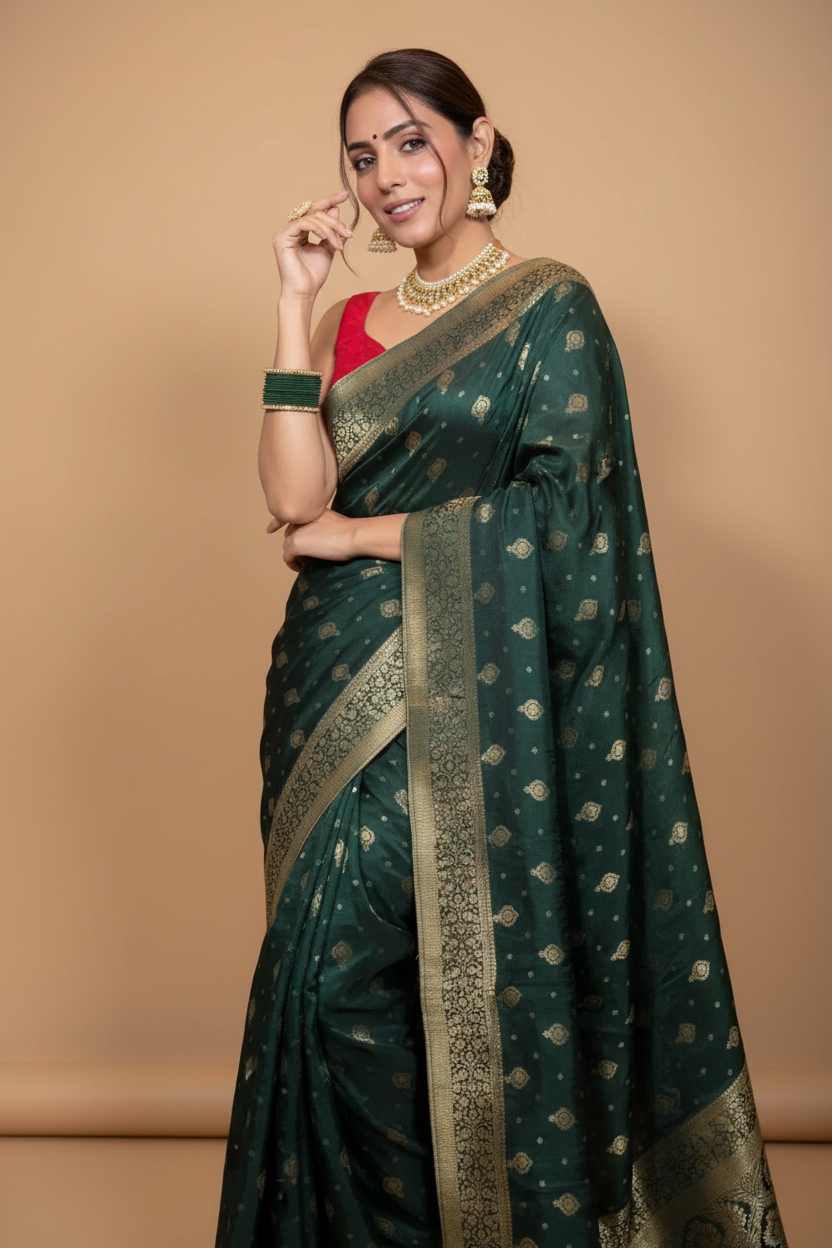 Snuggle Spot Women's Silk Printed Saree With Unstitched Blouse 5.5Mtr (Green)